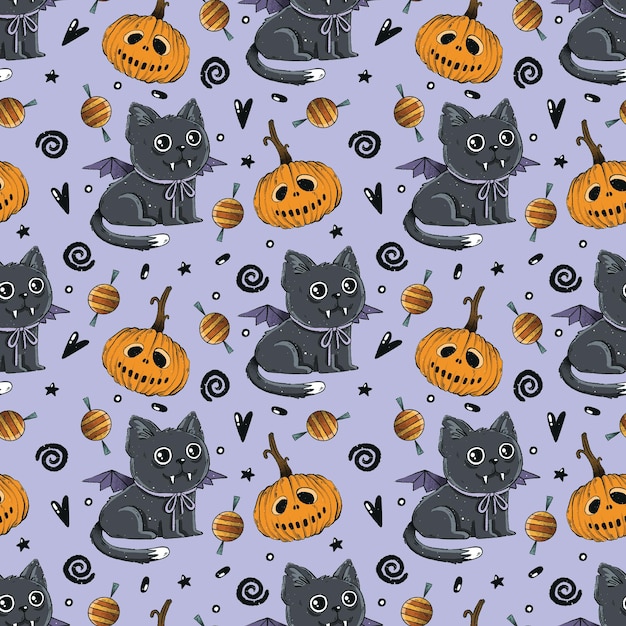 Vampire cat and orange pumpkin Halloween seamless pattern on violet background