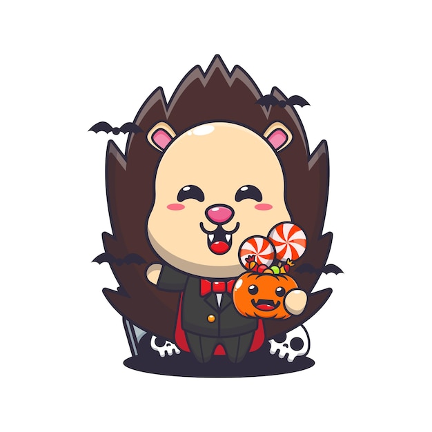 vampire hedgehog holding halloween pumpkin