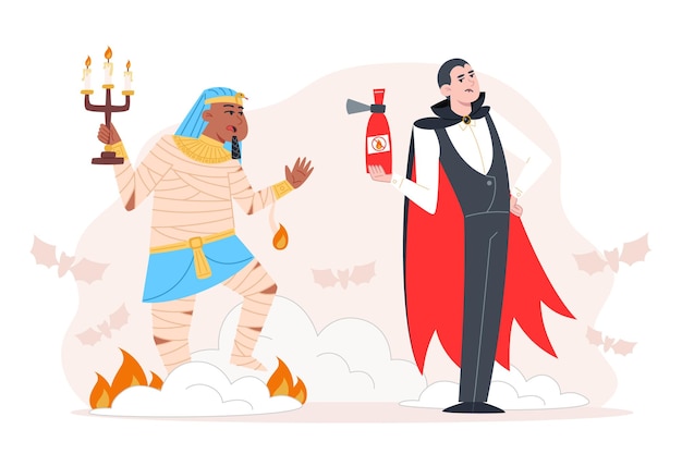 A vampire puts out a burning pharaoh, Halloween character