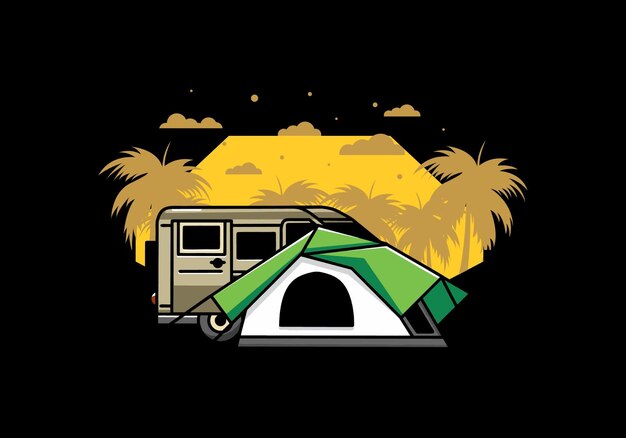 Van car and camping tent illustration design