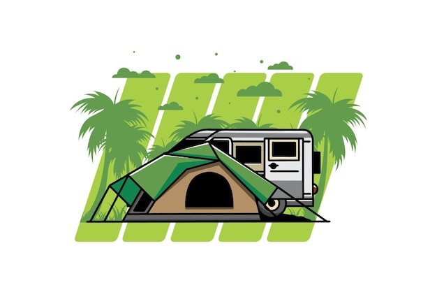 Van car and camping tent illustration design