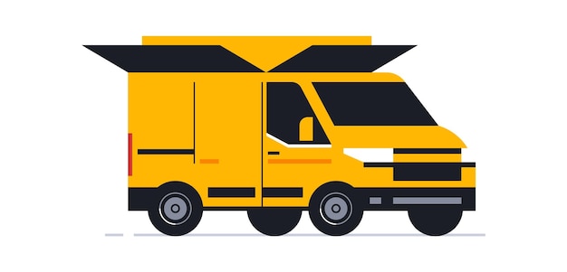 A van for an online home delivery service Transport for delivery of orders Van front view body in the form of an open box Vector illustration