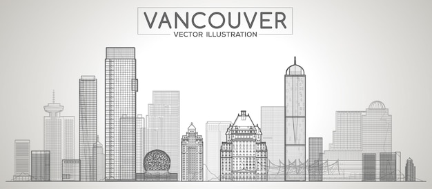 Vancouver ( Canada ) skyline with panorama in white background. Vector line Illustration. Business travel and tourism concept with modern buildings. Image for banner or web site.
