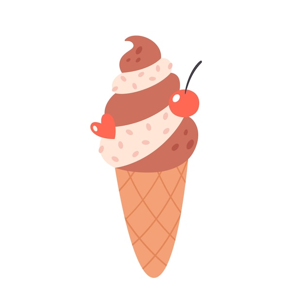 Vanilla and chocolate ice cream in waffle cone with cherry Summertime hello summer