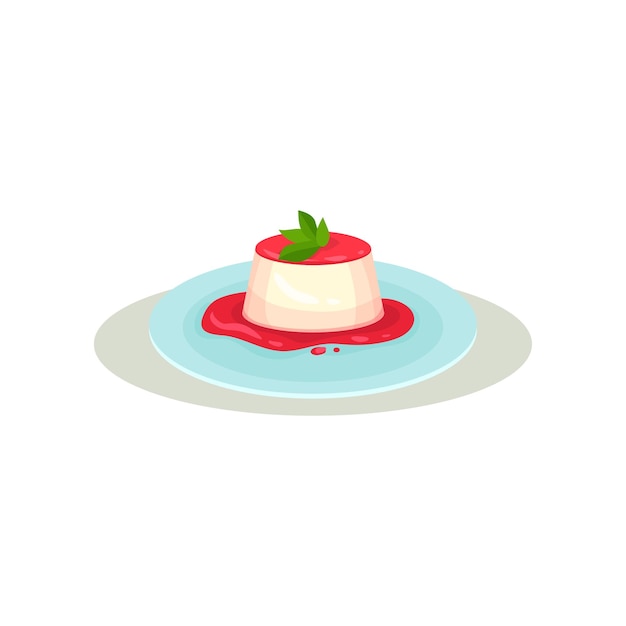 Vanilla panna cotta with strawberry sauce and green leaves on top Traditional dessert of Italian cuisine Sweet food Flat vector icon