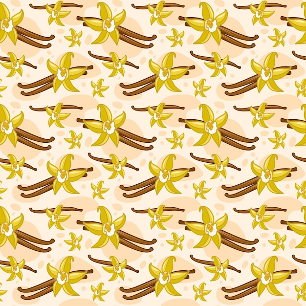 Vanilla stick and floral vector seamless pattern in cartoon vector style Vanilla Flower fragrance illustration