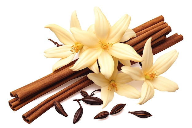 Vanilla sticks with white flower isolated on white background