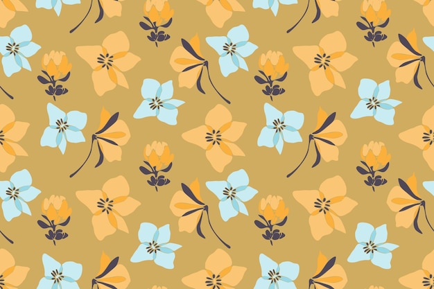 Vanilla vector seamless pattern with pale blue and yellow flowers