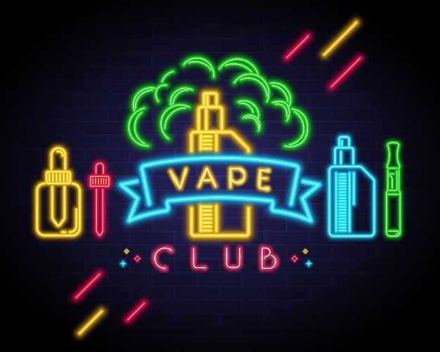 Vector vape club sign board with neon light glowing element