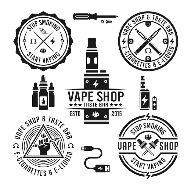 Vape shop and e-cigarette set of monochrome labels and design elements isolated on white background