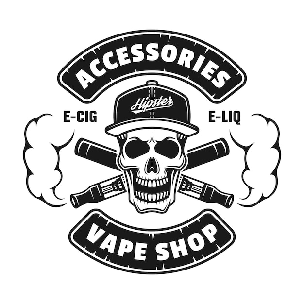 Vape shop vector monochrome emblem, badge, label or logo with skull in cap and electronic cigarettes isolated on white background