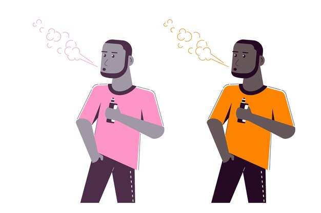 Vector vaping activity concept. african american male character enjoying vape smoking isolated on white.