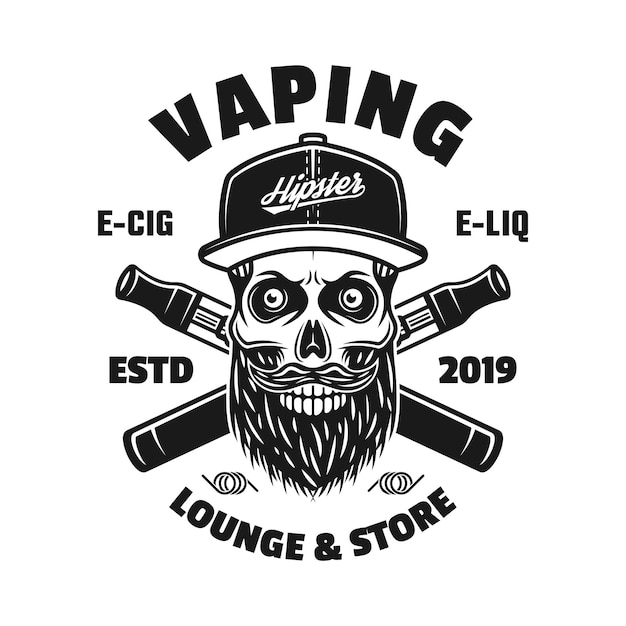 Vaping vector monochrome emblem, badge, label or logo with bearded skull in cap and two crossed electronic cigarettes isolated on white background