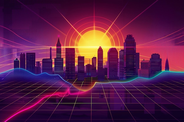 Vaporwave Background with City Skyline and Sunset