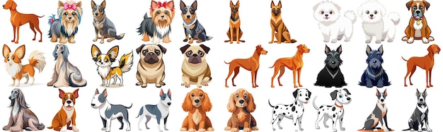 Variety of Cartoon Dogs Displaying Different Breeds and Colors in a Cute Illustrated Style