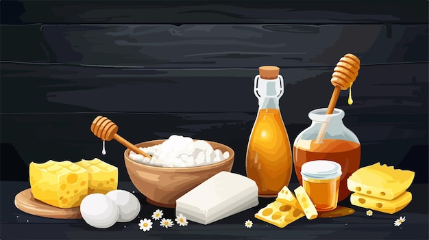 Vector variety of dairy products fresh chicken eggs and natural honey on dark background