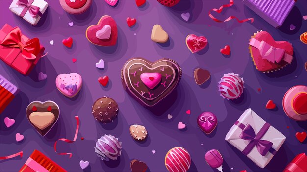 Vector variety of delicious sweets with paper hearts and gift box