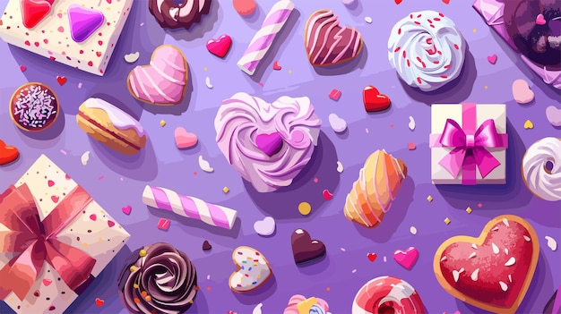 Vector variety of delicious sweets with paper hearts and gift box