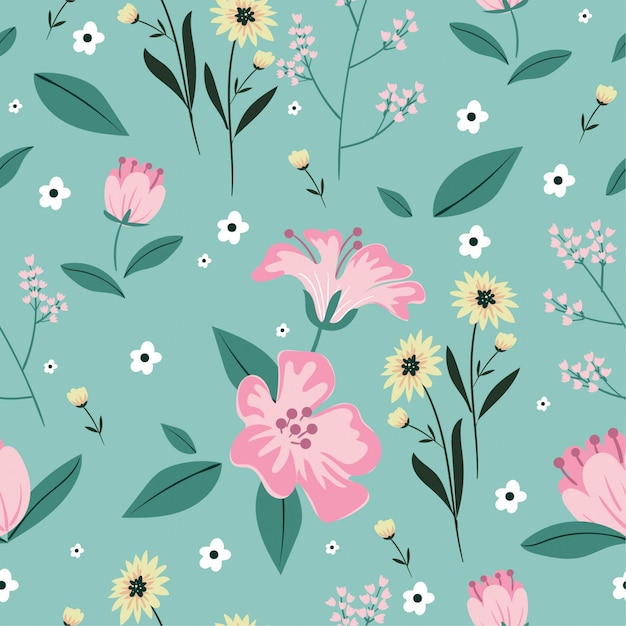 Variety flora and leaf seamless pattern on green color background