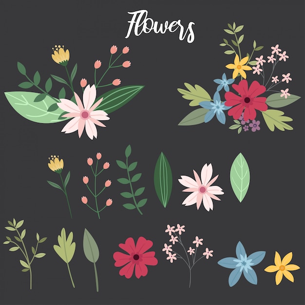 Variety flower,leaves and branches elements vector