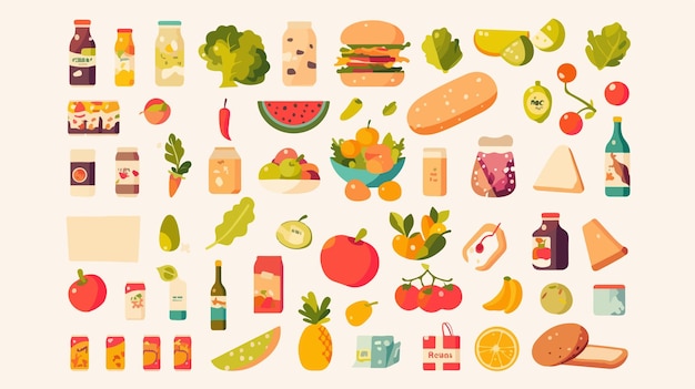 Variety of Grocery Food and Drink Products Vector Illustration