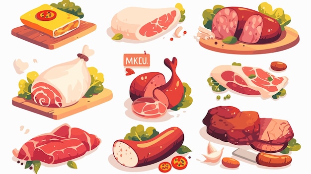 Vector variety of meat products food icons for culinary designs