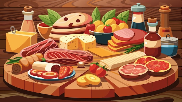 Vector a variety of meats and cheeses are displayed on a wooden table the meats include salami pepperoni