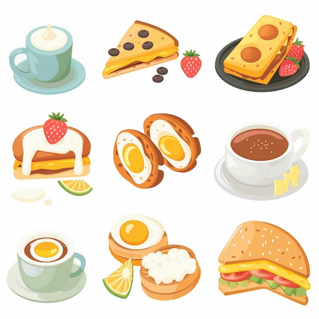 a variety of pictures of food including a sandwich fruit and coffee