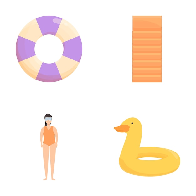 Variety of summer pool accessories and swimmer icon set