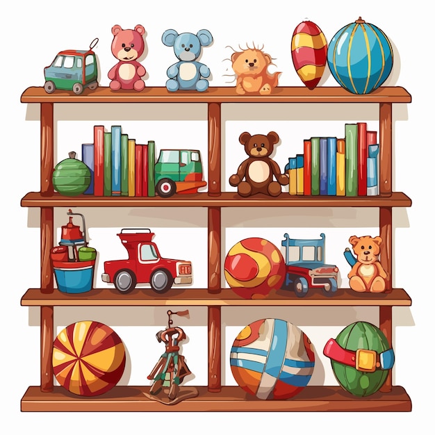 Vector variety of toys on shelf display playful and colorful kids toy collection