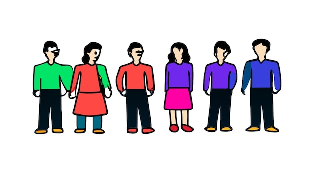 Vector various abstract people and doodle objects young men and women standing together in colorful