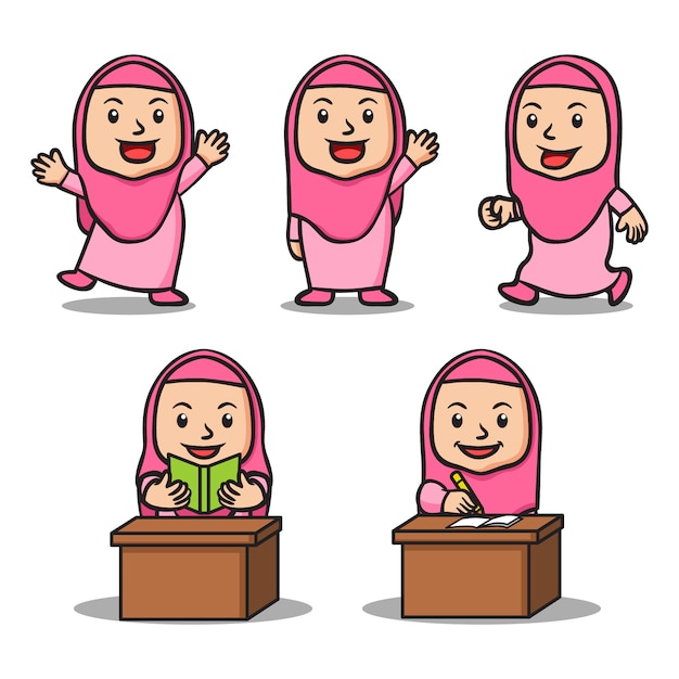 Various Activity Of Girl Islamic School Kids Character Set