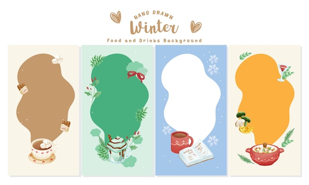 Various Adorable Hand Drawn Winter Food and Beverages vertical background