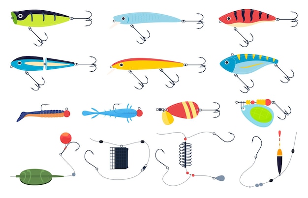 Various baits for fishing Lures of various sizes and types for fishing Tools for catching fish