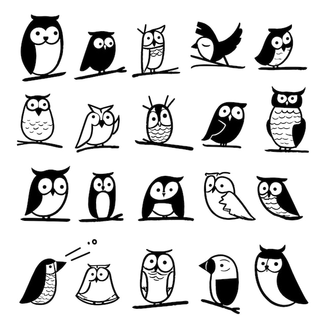 Vector various black and white cartoon owls in different poses and expressions