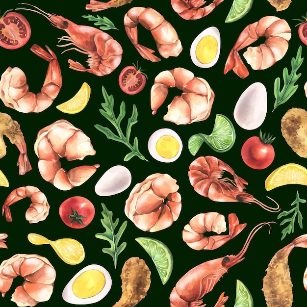 Vector various boiled shrimp with arugula lemon lime cherry tomatoes eggs watercolor illustration seamless