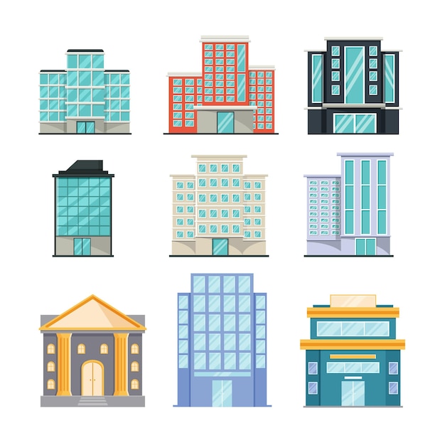 Various buildings flat design vector illustration