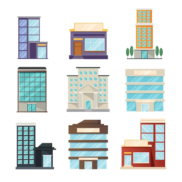 Various buildings flat design vector illustration