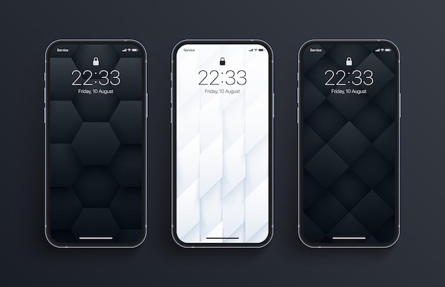 Vector various bw 3d render wallpaper set realistic phone screen isolated on white