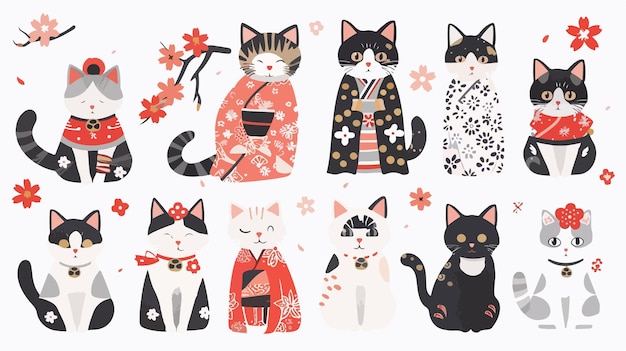 Various Cats Dressed in Traditional Japanese Clothes