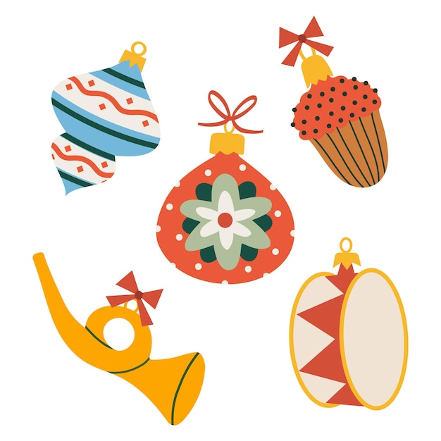 Various Christmas baubles illustration in cartoon flat style