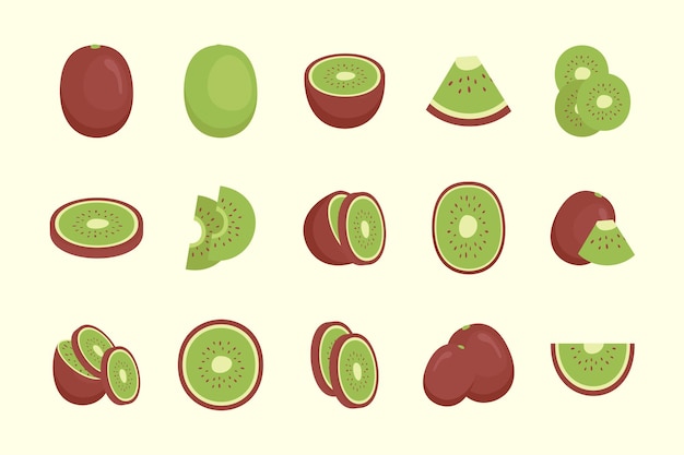 Various collections of fresh kiwi slices hand drawn illustration