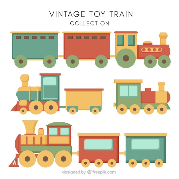 Various colored toy trains