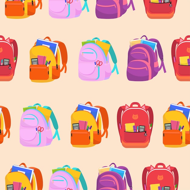 Various colorful backpacks with stationery. Cartoon vector seamless pattern. Beige background. Packaging, ÃÂÃÂÃÂÃÂÃÂÃÂÃÂÃÂ²ackground, textile template.