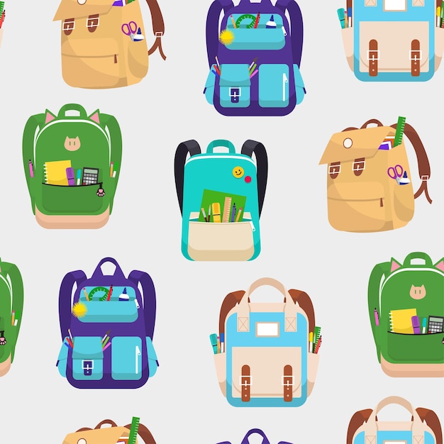 Various colorful backpacks with stationery. Cartoon vector seamless pattern. Light gray background. Packaging, background, textile template.