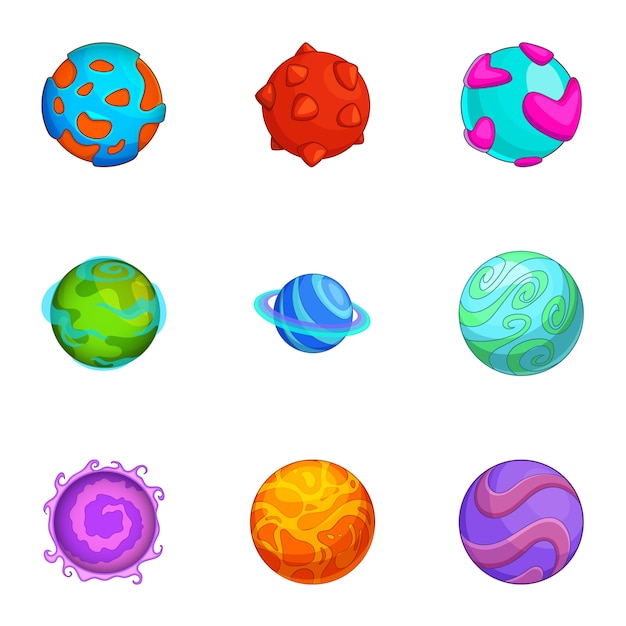 Various comic planets icons set, cartoon style