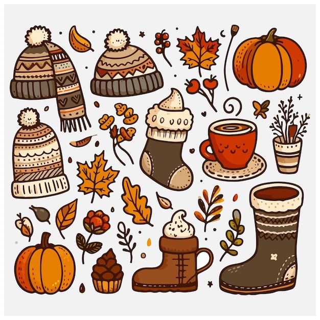 Vector various cute and cosy autumnal elements hand drawn vector illustration all elements are isolated