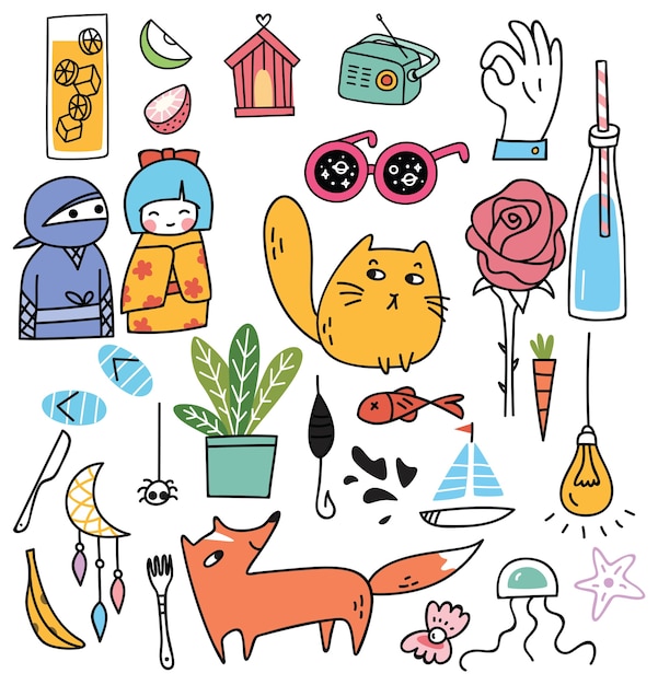 various cute things in doodle style