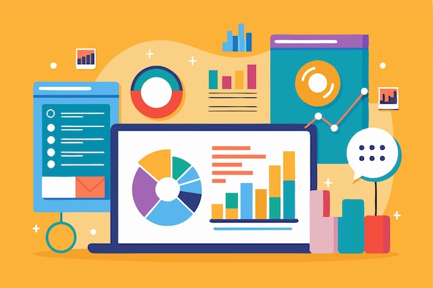 Vector various data charts and graphs are displayed on a laptop screen showcasing statistical information in a vibrant and engaging workspace