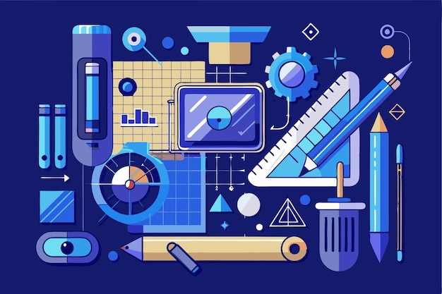 Various drafting instruments are arranged on a blue background ideal for technical drawing projects Tool for drawing and creating blueprints